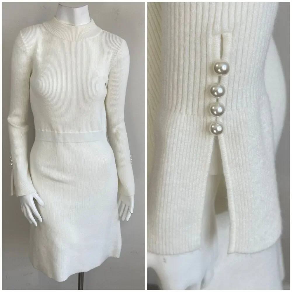 Ann Taylor Pearl Button Cuff Ribbed Mock Neck Long Sleeve Sweater Dress - Small - Picture 1 of 16
